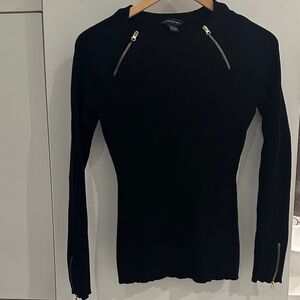 INC Black ribbed fitted sweater with gold Zipper Detail Women's size Medium